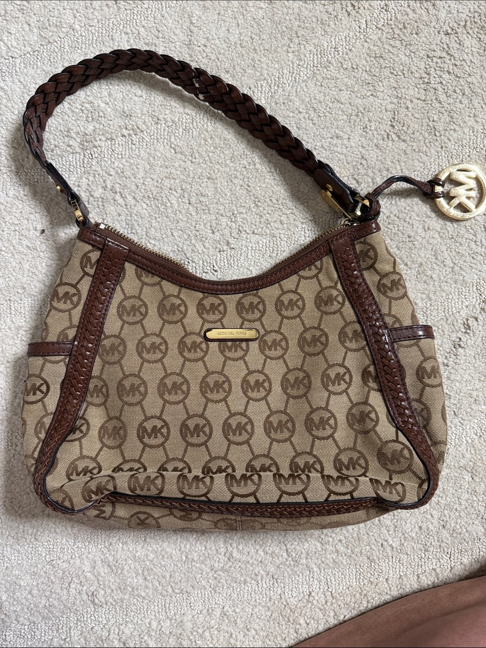 Michael Kors Tan and Brown MK Signature Hobo Shoulder Bag